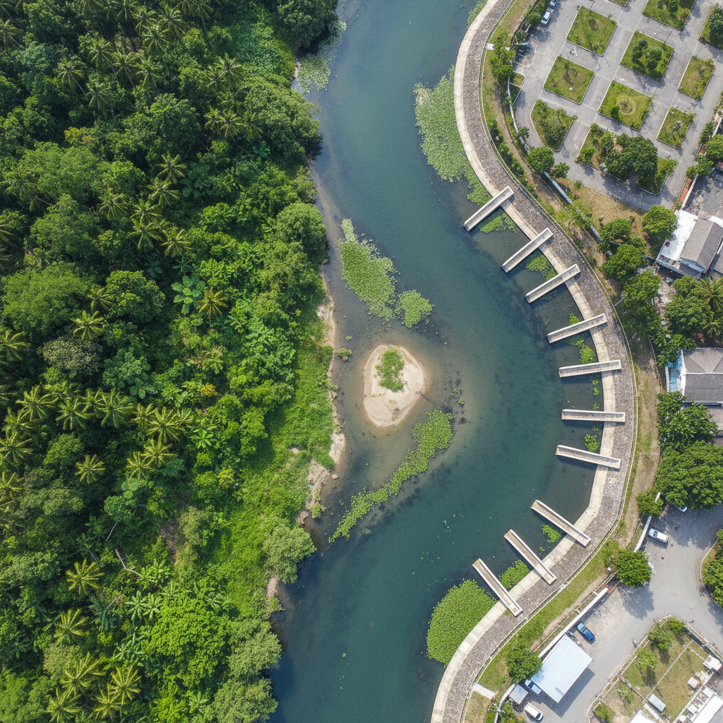 An aerial, bird’s eye view of a winding Surabaya river segment bordered by contrasting zones: one side shows dense green vegetation with clean, natural banks, while the opposite side reveals a more urban edge with concrete embankments and neatly arranged drainage channels. Small sandbars and patches of aquatic plants break up the water’s surface, adding organic texture. The midday light is bright but not harsh, casting minimal shadows and allowing clear visibility of the river’s shape and surrounding land use. Photographic realism with sharp focus across the entire frame emphasizes the spatial relationship between natural and built environments, creating a professional, analytical mood well-suited for education about watershed management and urban river planning.