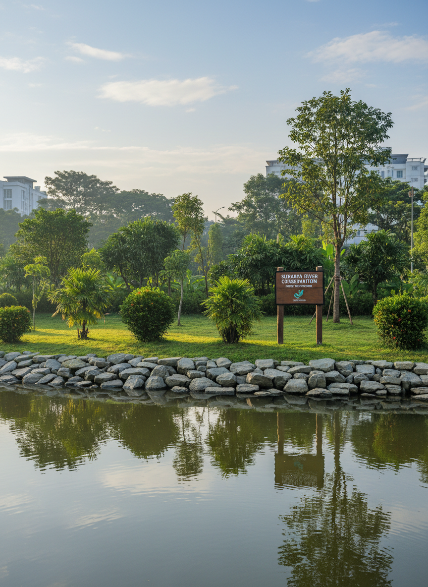 A calm, gently flowing urban river bordered by lush green riverbank vegetation, with clear reflections of the blue sky on the water’s surface. On one side, neatly arranged rocks stabilize the bank, while native shrubs and young trees create layered textures of different leaf shapes and shades of green. Simple, well-maintained wooden signage about river conservation stands near the edge, surrounded by tidy grass. Captured in soft morning sunlight that casts delicate shadows and highlights on the ripples, the mood is professional yet serene. Photographic realism at eye level, with sharp focus throughout and a clean, modern composition, conveys environmental education and responsible care for the river ecosystem in Surabaya.