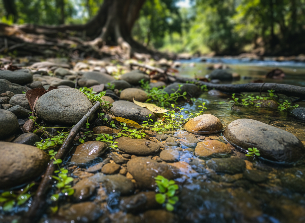 A close-up view of a small, thriving freshwater microhabitat at the edge of a Surabaya river, where clear shallow water reveals smooth river stones of varied sizes, tiny aquatic plants with bright green leaves, and partially submerged roots from a riverside tree. A few fallen brown and yellow leaves rest on the wet stones, adding natural contrast. Sunlight filtered through overhead foliage creates dappled patterns on the water surface and stones, producing gentle highlights and soft shadows. Shot in photographic realism with a shallow depth of field and an eye-level macro perspective, the composition centers on textures and details, conveying a scientific yet tranquil atmosphere ideal for illustrating river ecology and aquatic biodiversity education.