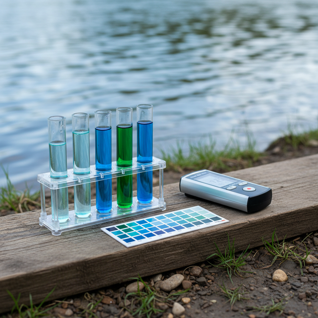 A detailed, close-up photographic view of a transparent testing kit arranged on a weathered wooden plank near a riverbank, featuring clear plastic test tubes with different shades of blue and green water samples, a compact color comparison chart, and a digital handheld meter resting beside them. The plank lies on compacted soil with scattered small stones and tufts of grass, while the river’s gently rippled surface appears softly blurred in the background. Late-morning natural light evenly illuminates the instruments, creating crisp reflections on the plastic and metal surfaces without harsh glare. Shot in photographic realism with a shallow depth of field and a clean, centered composition, the mood is precise and professional, highlighting scientific water quality monitoring as part of environmental education.