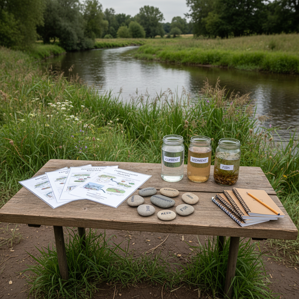 An organized outdoor learning corner beside a river, featuring a sturdy wooden table with neatly arranged laminated river ecosystem diagrams, sample glass jars filled with clear and slightly murky water, smooth labeled stones, and simple waterproof field notebooks stacked in a row. The table stands on compacted earth near a vegetated riverbank with reeds and small flowering plants. Diffused overcast light softens the scene, minimizing harsh shadows and emphasizing natural colors. Shot from a slightly elevated angle in photographic realism, the composition uses the rule of thirds to balance the educational materials with the calm river in the background, creating a focused, professional atmosphere of structured environmental learning about freshwater ecosystems.