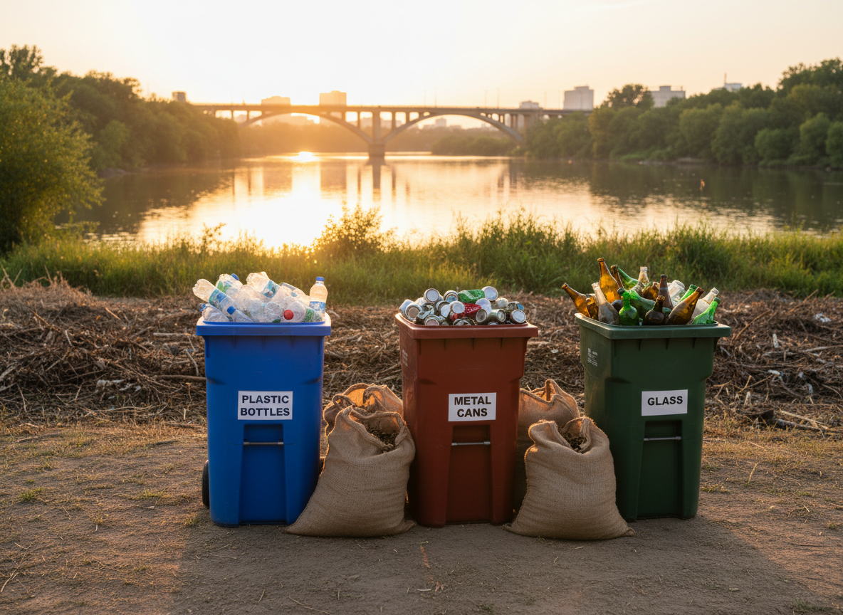 A meticulously clean section of riverside embankment, where sorted piles of recyclable plastic bottles, metal cans, and glass are separated into clearly labeled, color-coded bins made of durable plastic. Nearby, sturdy burlap sacks contain collected organic debris like twigs and leaves, resting on a dry, compacted soil surface free of litter. In the background, the river flows steadily past green vegetation and a distant concrete bridge, illustrating the meeting of nature and city. Late afternoon golden-hour sunlight creates warm highlights on the bins and soft shadows along the ground. Captured in photographic realism from a slightly low angle, with moderate depth of field, the mood is proactive and professional, emphasizing organized river clean-up and responsible waste management.