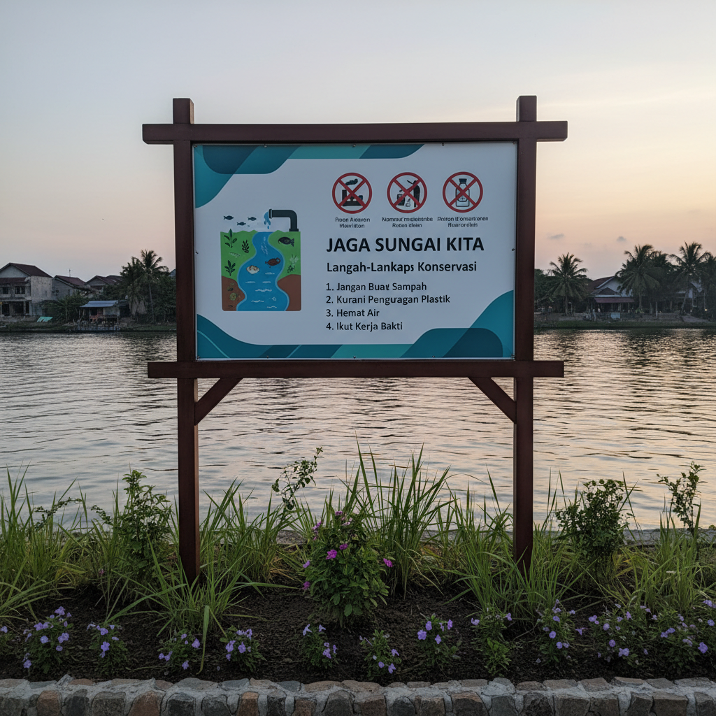 A carefully designed information board about river conservation, mounted on a simple yet sturdy wooden frame near a Surabaya riverbank. The board displays a clean, modern layout with diagrams of the river ecosystem, icons explaining pollution sources, and step-by-step guidelines for protecting waterways, all in clear, readable typography. Around the sign, native grasses and small shrubs grow from well-maintained soil, with the river flowing calmly just beyond. Soft, diffused early-evening light illuminates the board evenly, preventing glare while creating subtle shadows on the wooden frame. Captured in photographic realism from an eye-level, straight-on perspective, the composition keeps the sign sharply in focus while the background is slightly blurred, emphasizing structured, professional environmental education for the community.